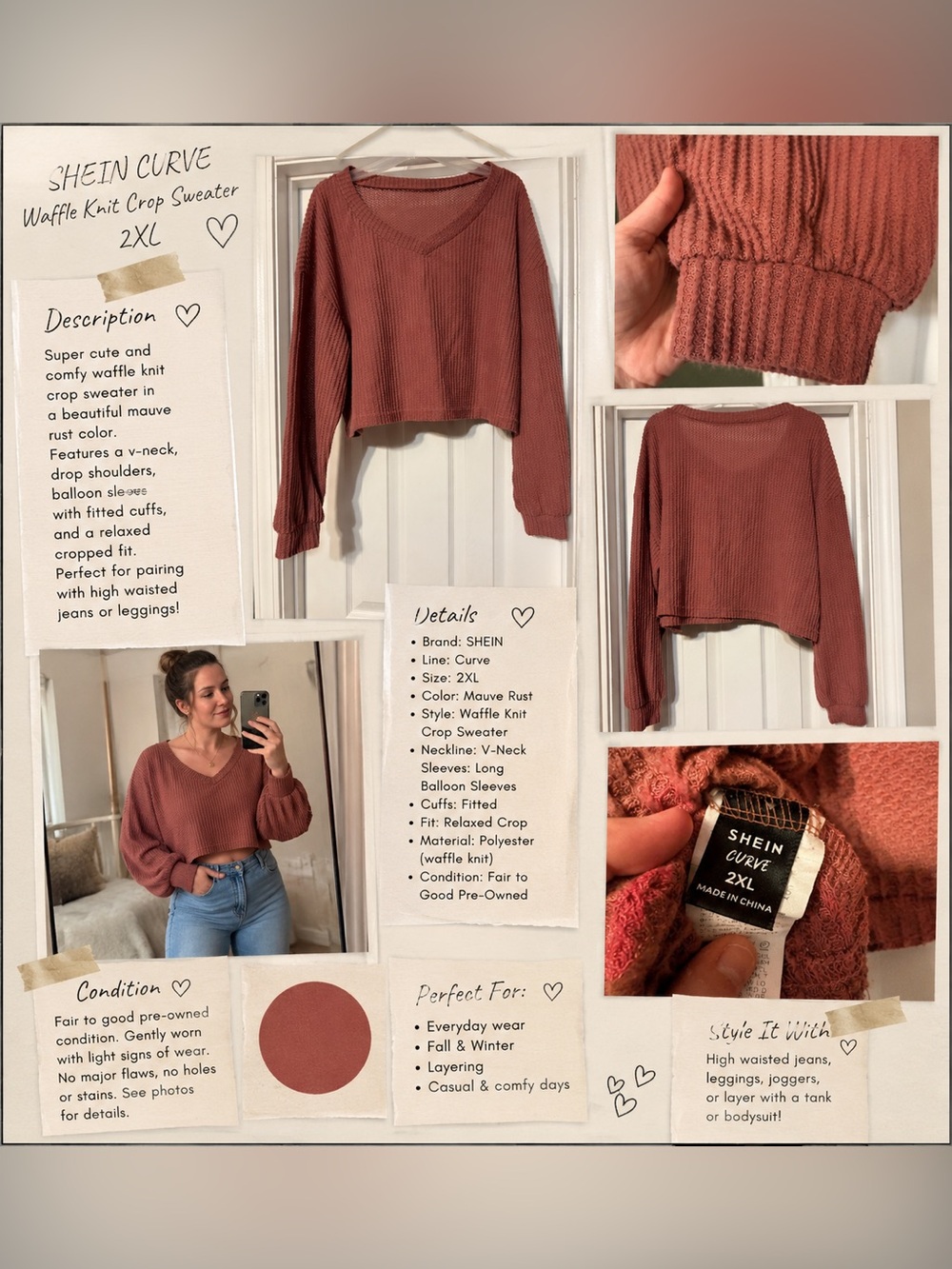 SHEIN Mauve Rust Waffle-Knit V-Neck Crop Sweater